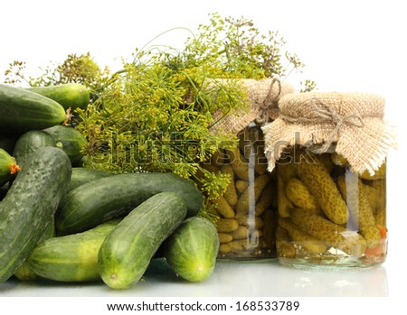 fresh cucumbers, pickles and dill  isolated on white