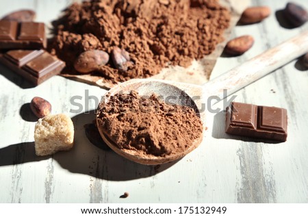Cocoa powder in spoon on wooden table