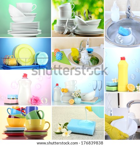Collage of washing dishes, close-up