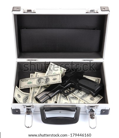 Case with money and gun, isolated on white