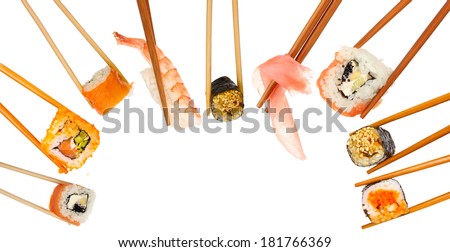 Collage of chopsticks with different food isolated on white