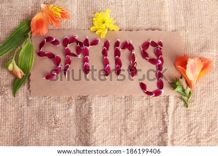 Romantic spring letters made of pink petals, on sackcloth background