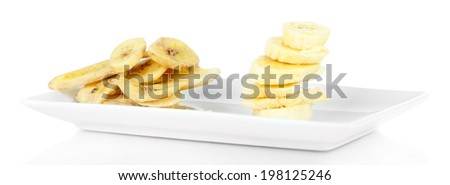 Fresh and dried banana slices, isolated on white