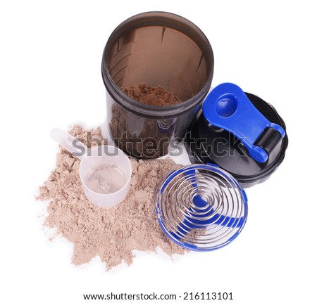 Whey protein powder with scoop and plastic shaker isolated on white