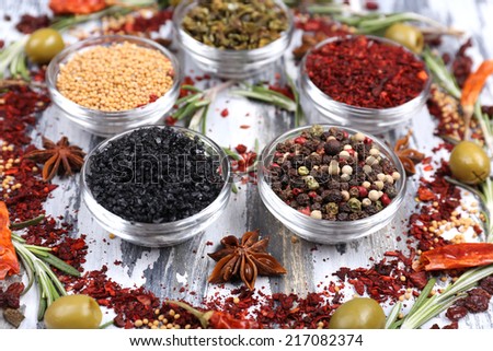 Spices with herbs and dried chilly pepper on wooden background