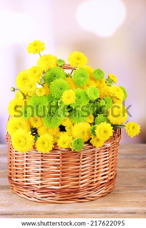 Beautiful bouquet of chrysanthemums flowers in wicker basket, on light background