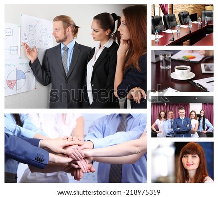 Collage of busy people discussing work and studying