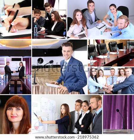 Collage of busy people discussing work and studying