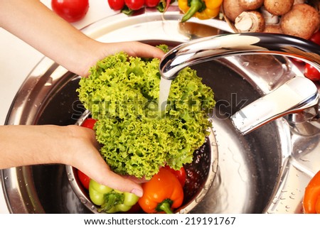 Woman\'s hands washing vegetables in sink in kitchen