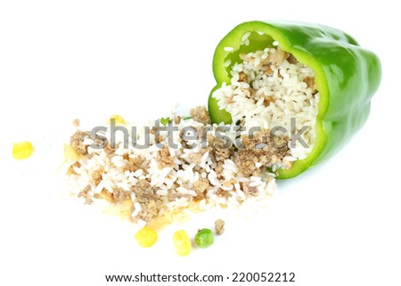 Pepper prepared for cooking stuffed paprika with raw meat and rice, corn and peas, isolated on white