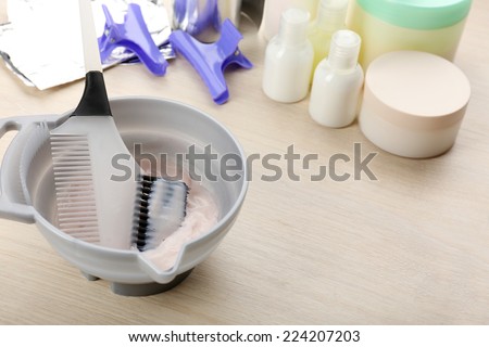 Hairdresser accessories for coloring hair, close-up