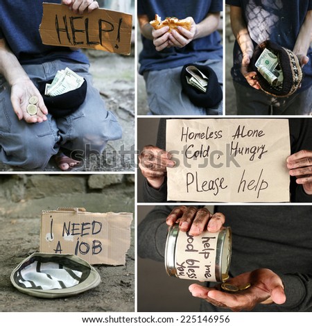 Poverty concept. Homeless men ask for help collage