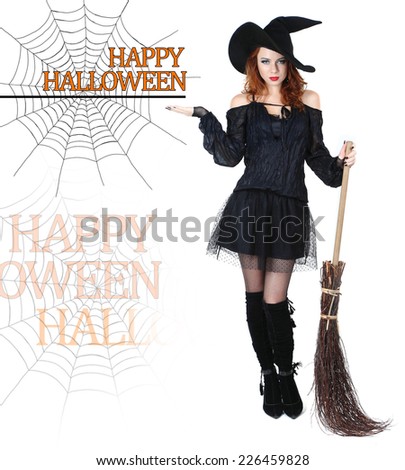 Halloween witch with broom isolated on white