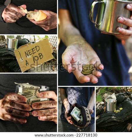 Poverty concept. Homeless men ask for help collage