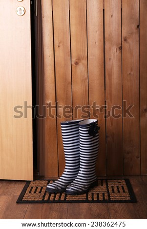 Dirty wellington boots on door mat in room
