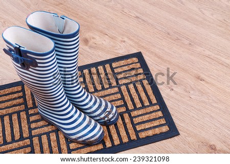 Dirty wellington boots on door mat in room