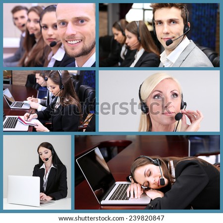 Call-center collage. People answering the phones