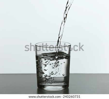Pouring water from bottle on  glass isolated on white