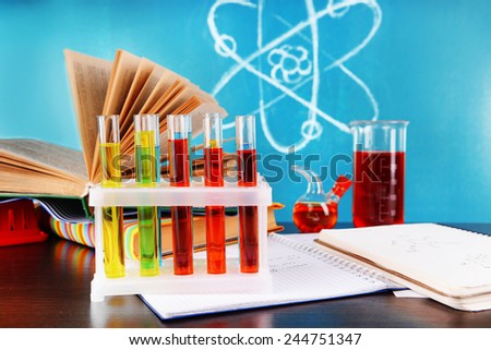 Glassware with chemical agent on desk, on green blackboard background