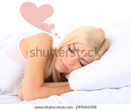 Beautiful sleeping young woman and space for text in heart-shaped cloud
