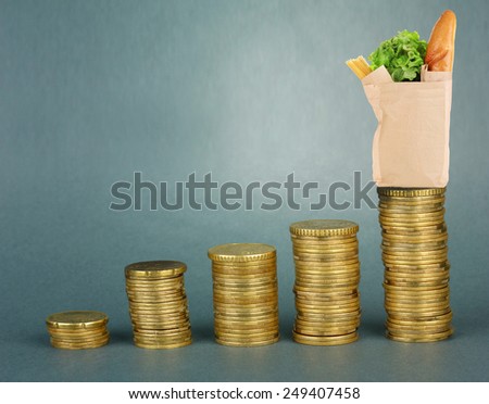 Paper bag with food standing on stack of coins on gray background