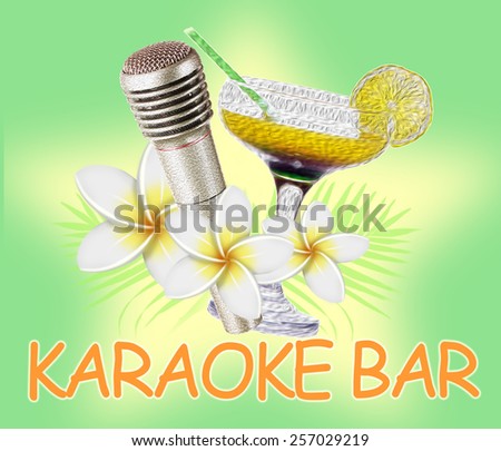 Microphone and cocktail on bright color background, Karaoke bar concept