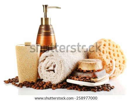 Composition of cosmetic bottle,s soap and towel, isolated on white
