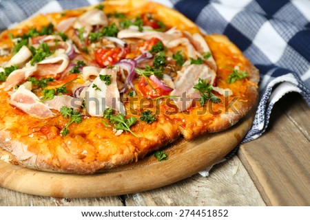 Tasty pizza on table close up