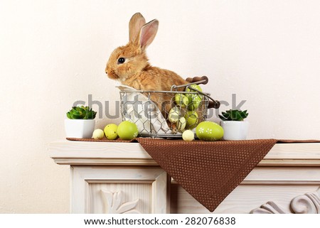 Cute red rabbit with Easter eggs on shelf on light wallpaper background