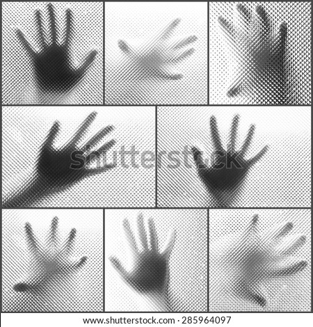 Collage of hands silhouettes behind glass foreground