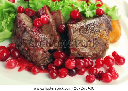 Tasty roasted meat with cranberry sauce on plate, close-up