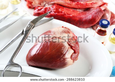 Heart organ in medical metal tray with tools on table close up