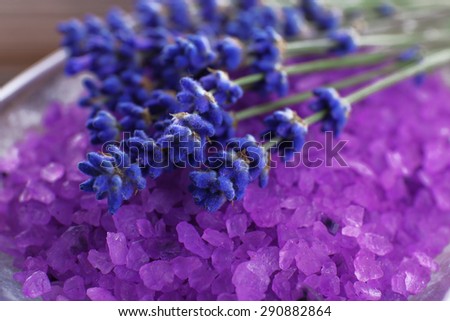 Purple sea salt with fresh lavender, closeup