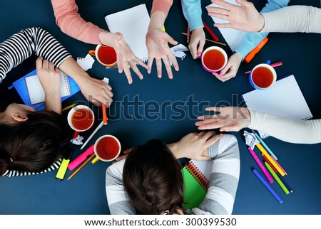 Creative team for work flow on blackboard background top view