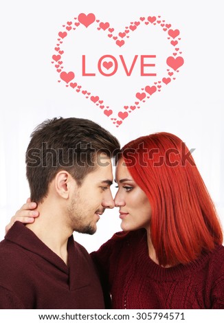 Embrace a loving couple with heart, isolated on white
