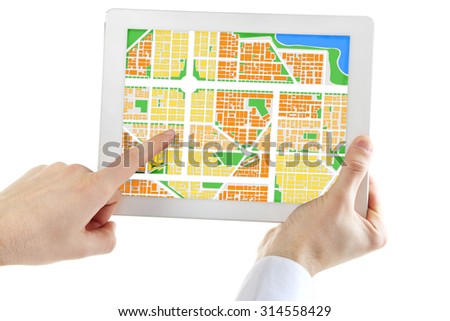 Male hand holding tablet pc with map gps navigation application isolated on white