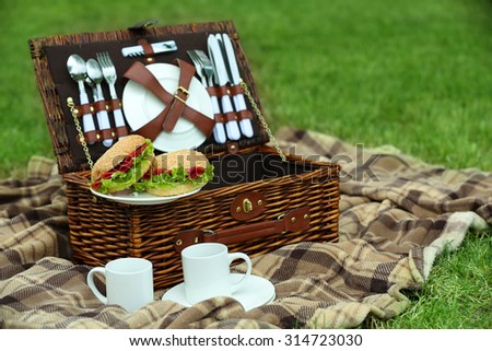 Wicker picnic basket, tasty sandwiches, tea cups  and plaid on green grass, outdoors