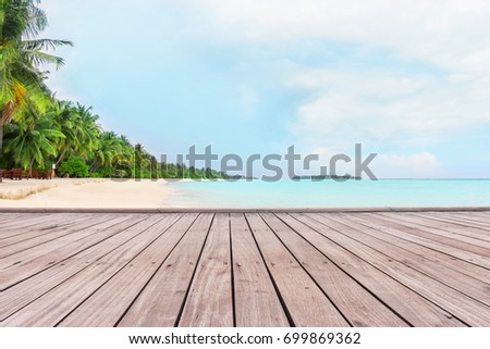View of tropical beach from wooden pontoon on summer day Stock fotó © 