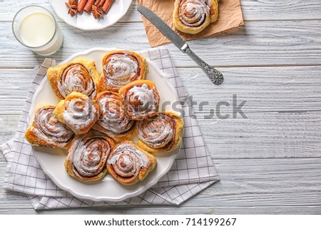 Similar – Image, Stock Photo Plate with cinnamon bun near jam