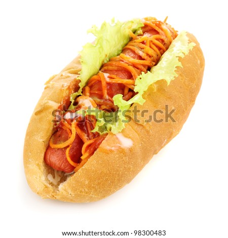Appetizing hot dog isolated on white