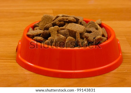 dry dog food in orange bowl on the floor