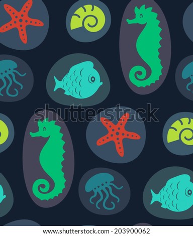Vector pattern with sea live. Underwater life, wildlife ocean animals.Shell, octopus, fish, sea horse.
