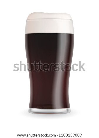 Realistic beer glass with dark stout beer, foam and bubbles isolated on white background. Transparent vector illustration.