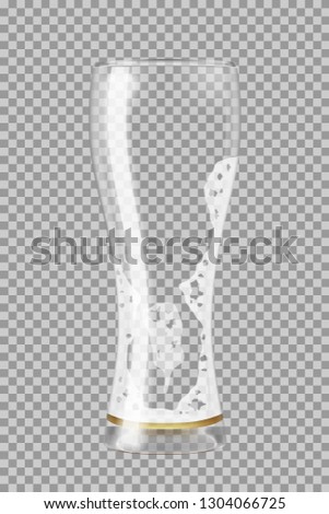 Tall beer glass with lager beer and foam. almost empty, in the process of drinking. Transparent vector illustration.