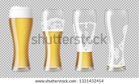 Tall realistic glasses with lager beer and foam, with different amounts, showing a drinking sequence. Transparent vector illustration.