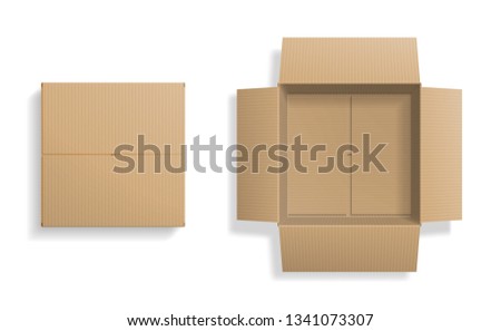 Realistic cardboard box set, opened and closed top view, with transparent shadow, isolated on white background. Vector illustration
