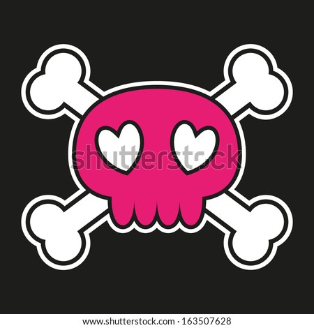 Pink Skull With Crossbones On Black Background With Heart Shaped Eyes ...