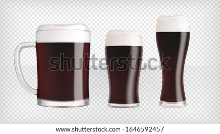 Three different dark beer glasses and mugs