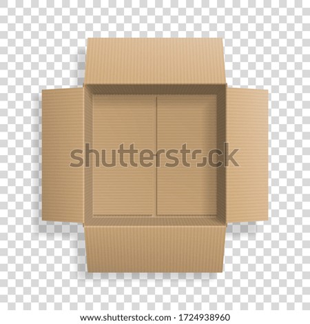 Realistic cardboard open box, top view