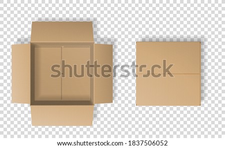 Realistic cardboard box set, opened and closed top view